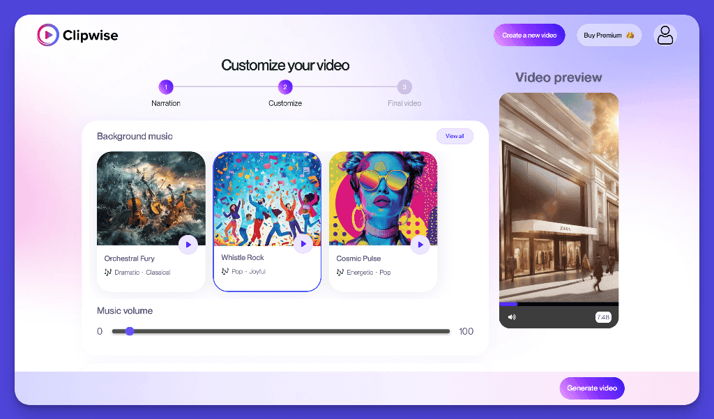 Clipwise video customization interface with background music options