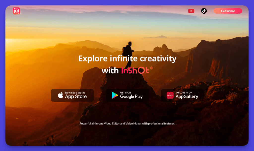 InShot app landing page with mountain sunset and download options