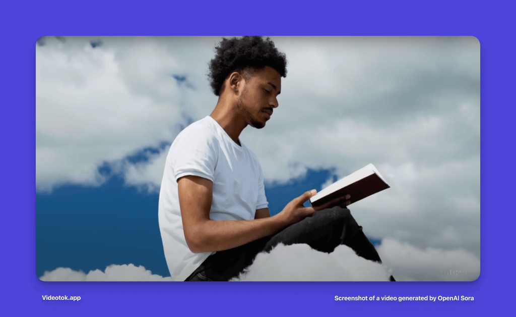 Person reading book while floating among clouds in surreal scene