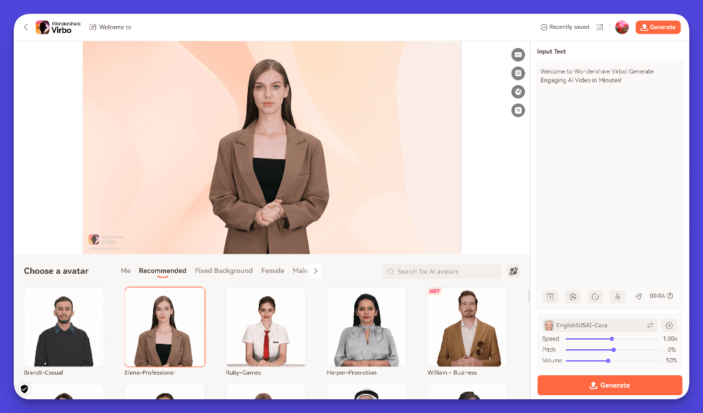 Virbo interface with AI avatar selection and video generation options