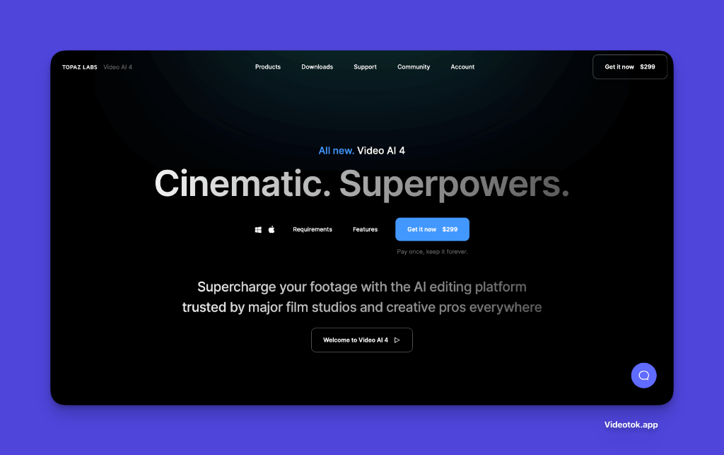 Topaz Labs Video AI 4 landing page featuring cinematic superpowers