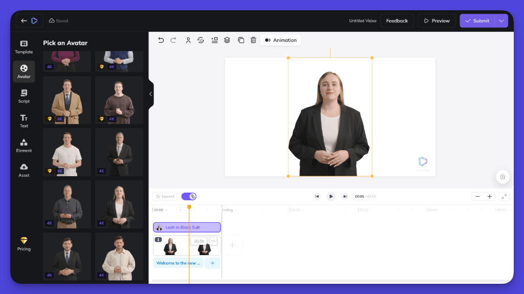 HeyGen Video editing interface with avatar selection and timeline