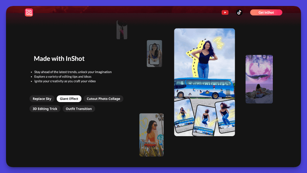 InShot video editor showcasing creative effects and editing features