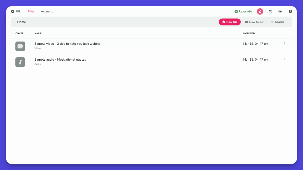 Fliki file management interface showing sample video and audio files
