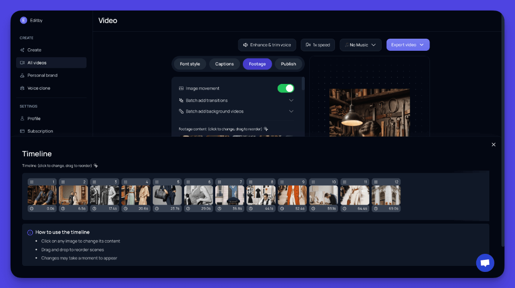 Videotok video editing timeline with multiple scene thumbnails