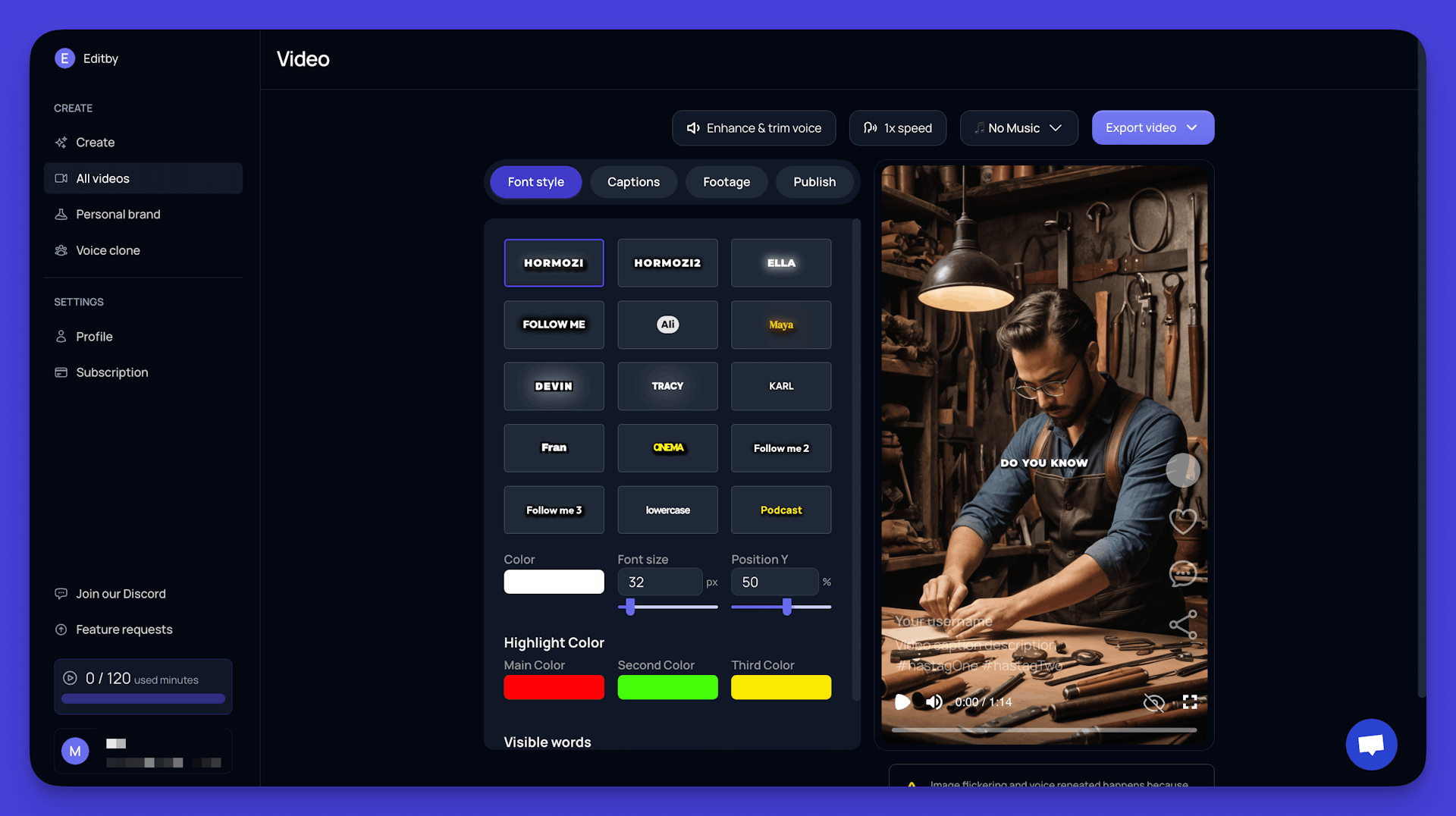 Videotok video editing interface with font style and color customization