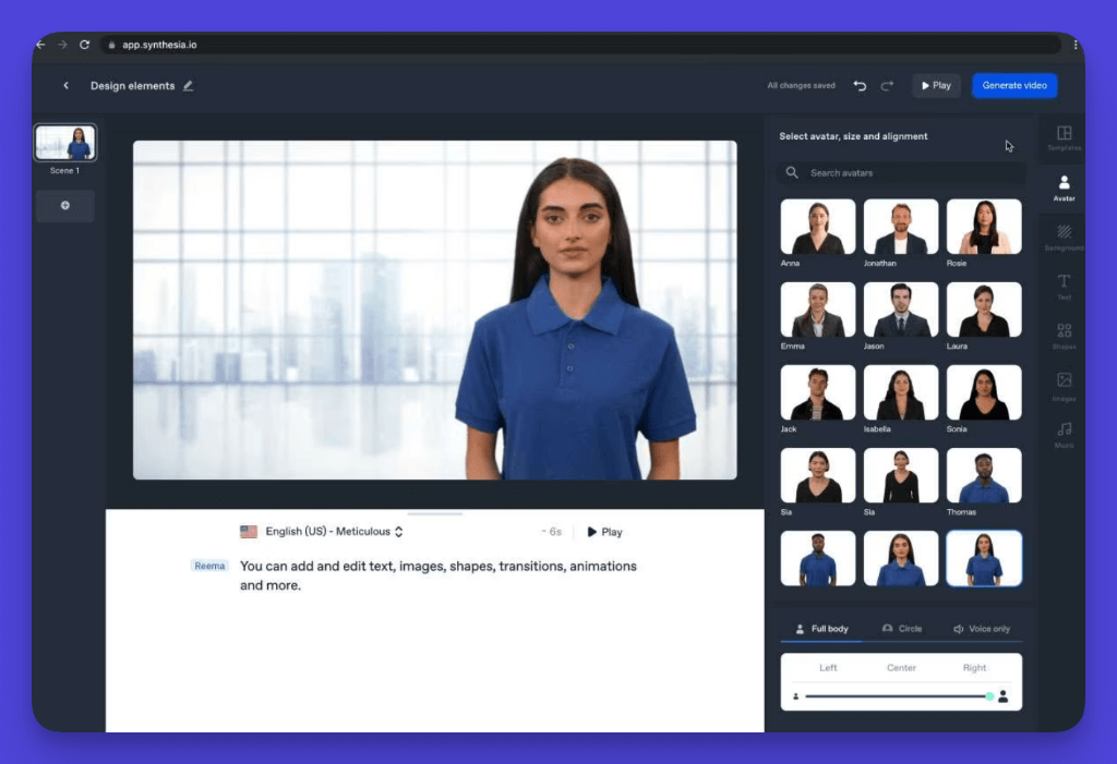 AI avatar selection interface for video creation software