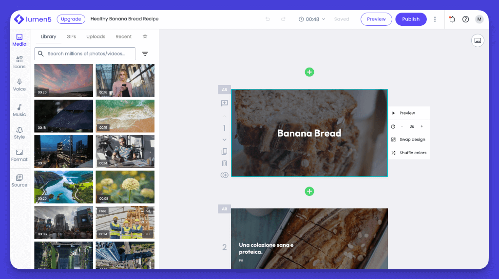 Lumen5 video editor interface featuring banana bread recipe creation