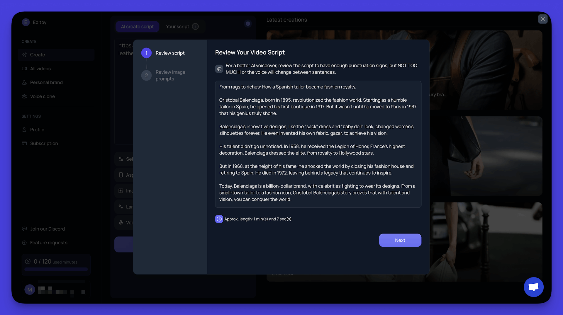 Videotok AI video script review interface for Balenciaga fashion history