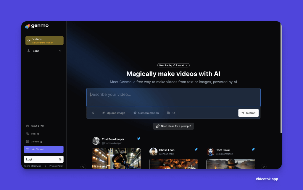 Genmo AI video creation interface with dark theme and sample outputs