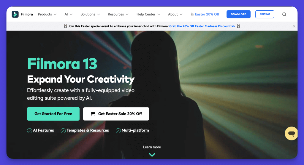 Filmora 13 video editing software homepage with Easter sale banner