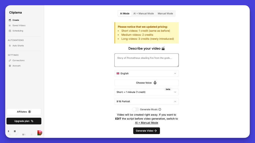 Cliplama video creation interface with pricing update and input options