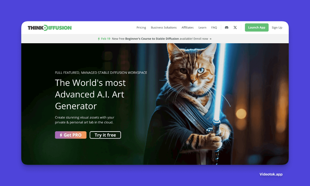 Cat wielding lightsaber on AI art generator website homepage