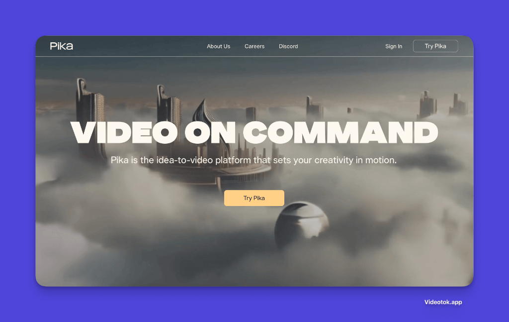 Pika website homepage featuring futuristic cityscape in clouds