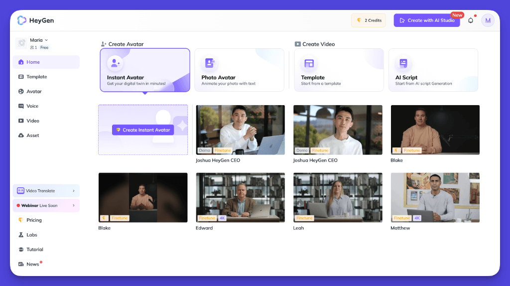 HeyGen dashboard showcasing avatar creation and video template options