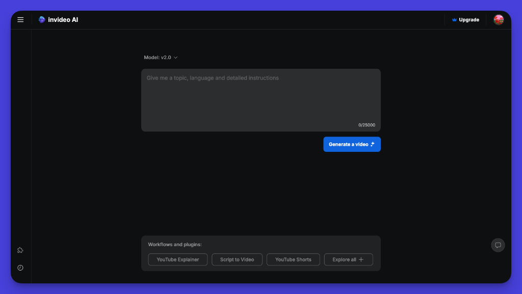 Invideo AI dark interface for generating AI videos with prompts