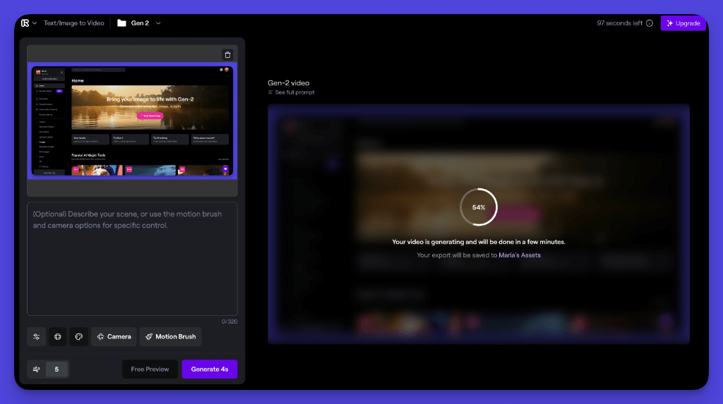 Gen-2 video generation interface showing 54% progress