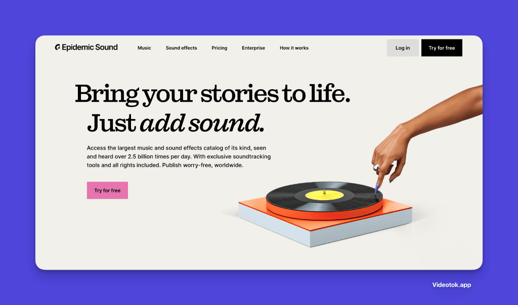 Hand placing needle on stylized vinyl record, Epidemic Sound homepage