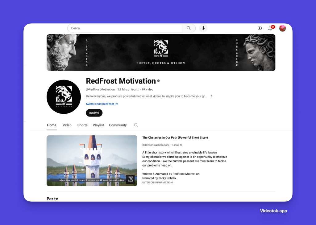 RedFrost Motivation YouTube channel page with motivational content