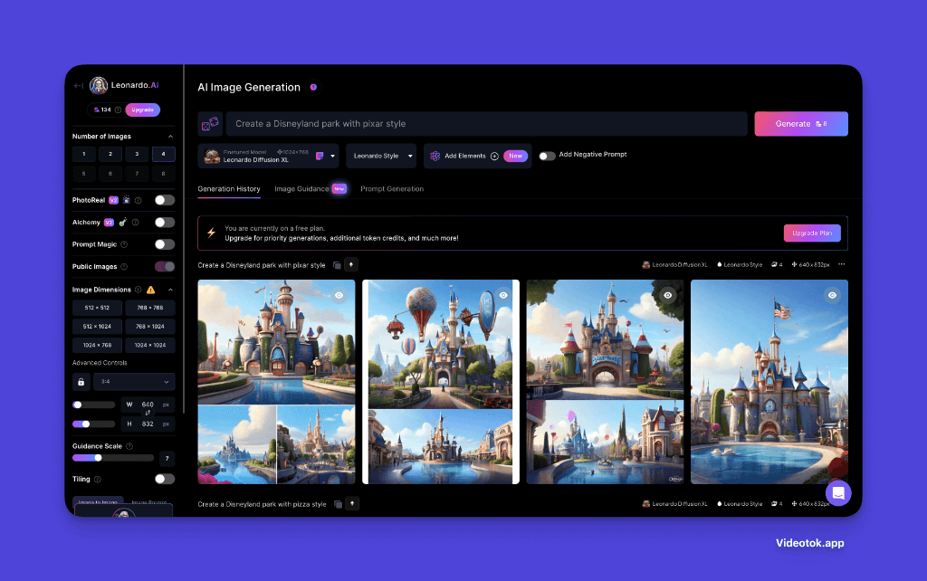 AI image generation interface showcasing Disney-style castle designs