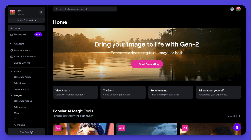 Runway AI homepage featuring Gen-2 text-to-video generation tool